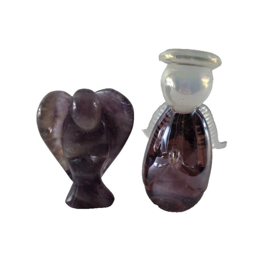 Angel Figure Sculpture Lot Of 2 Amethyst Stone Purple Art Glass Small 2" 2.5"